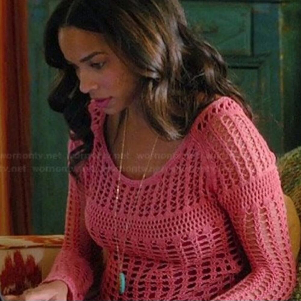 Free People Annabelle Crochet Pullover Fisherman Boho Sweater Coral Pink Medium - Picture 10 of 10
